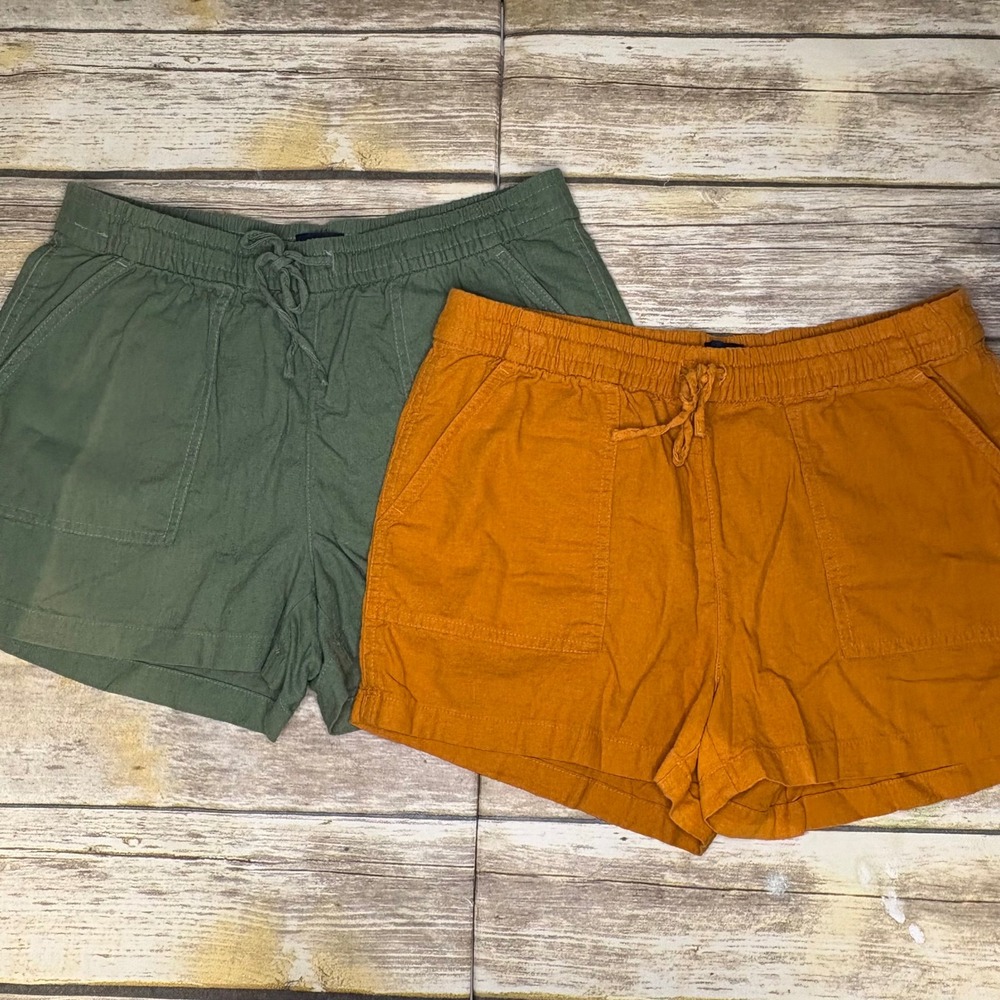 LOT OF 2! J. Crew Mustard Goldenrod Olive Green Beach Casual Linen Shorts Sz XS